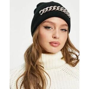 ALDO Women's Knit Beanie Hat Gold And Rhinestone Hardware
